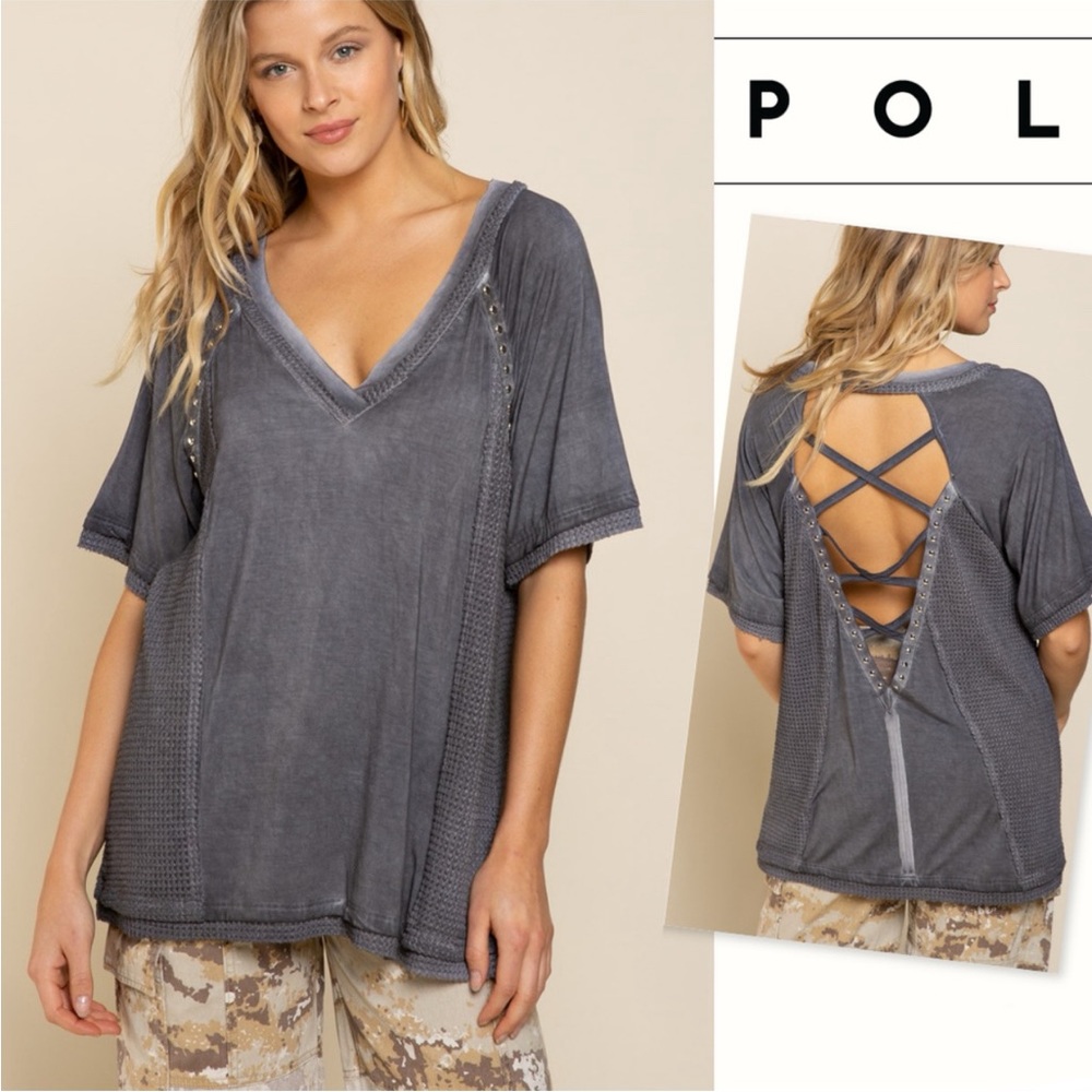 POL Distressed Gray V-Neck Crisscross Back Top